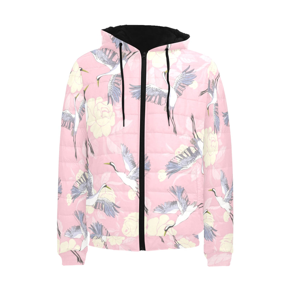 Japanese crane rose pattern Men's Padded Hooded Jacket