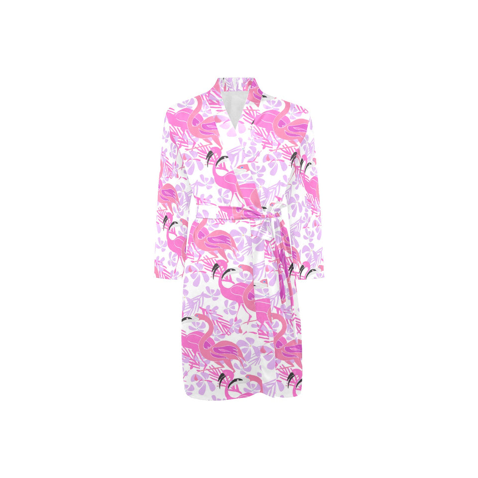Pink flamingo flower pattern Men's Long Sleeve Belted Night Robe