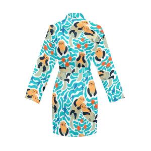 Cute sea otters fishe sea urchin pattern Women's Long Sleeve Belted Night Robe