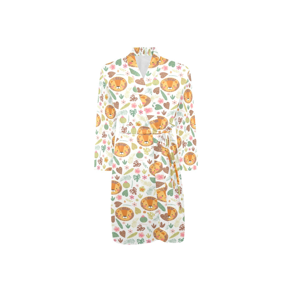 Lion Pattern Print Design 04 Men's Long Sleeve Belted Night Robe