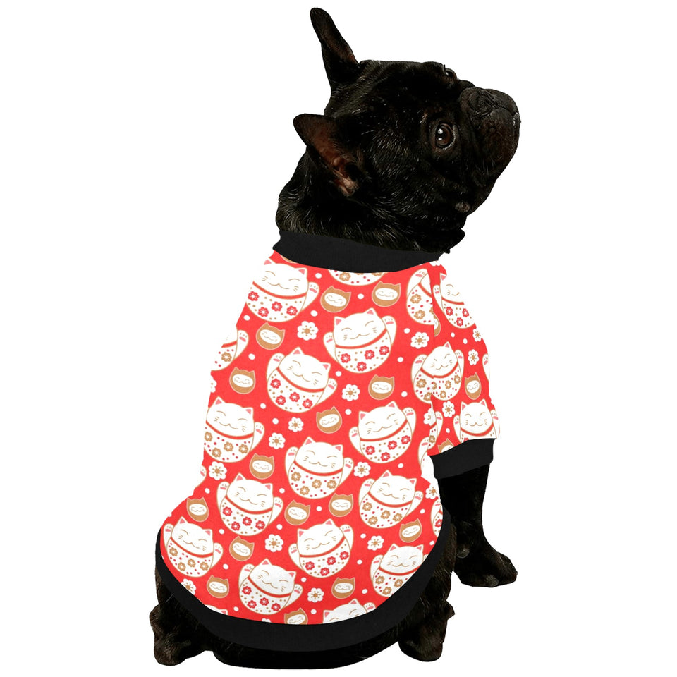 Cute Maneki neko cat red background All Over Print Pet Dog Round Neck Fuzzy Shirt