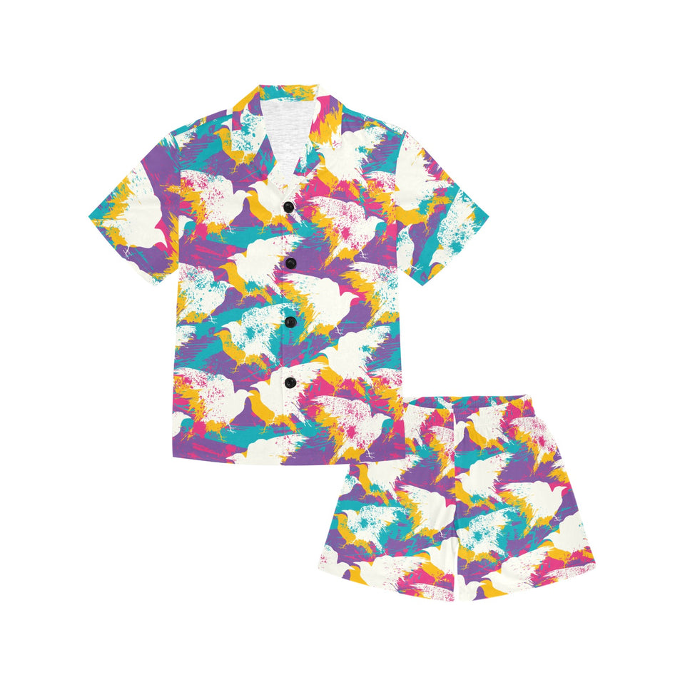 Colorful crow illustration pattern Kids' Boys' Girls' V-Neck Short Pajama Set