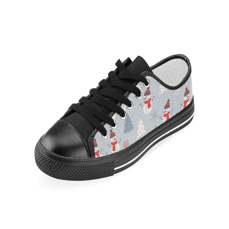 Snowman christmas  tree snow gray background Women's Low Top Canvas Shoes Black