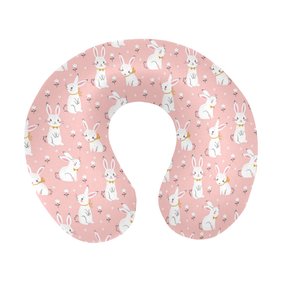 Cute white rabbit flower pink background U-Shaped Travel Neck Pillow