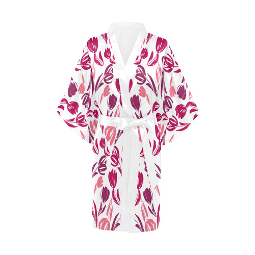 pink sketch tulip pattern Women's Short Kimono Robe