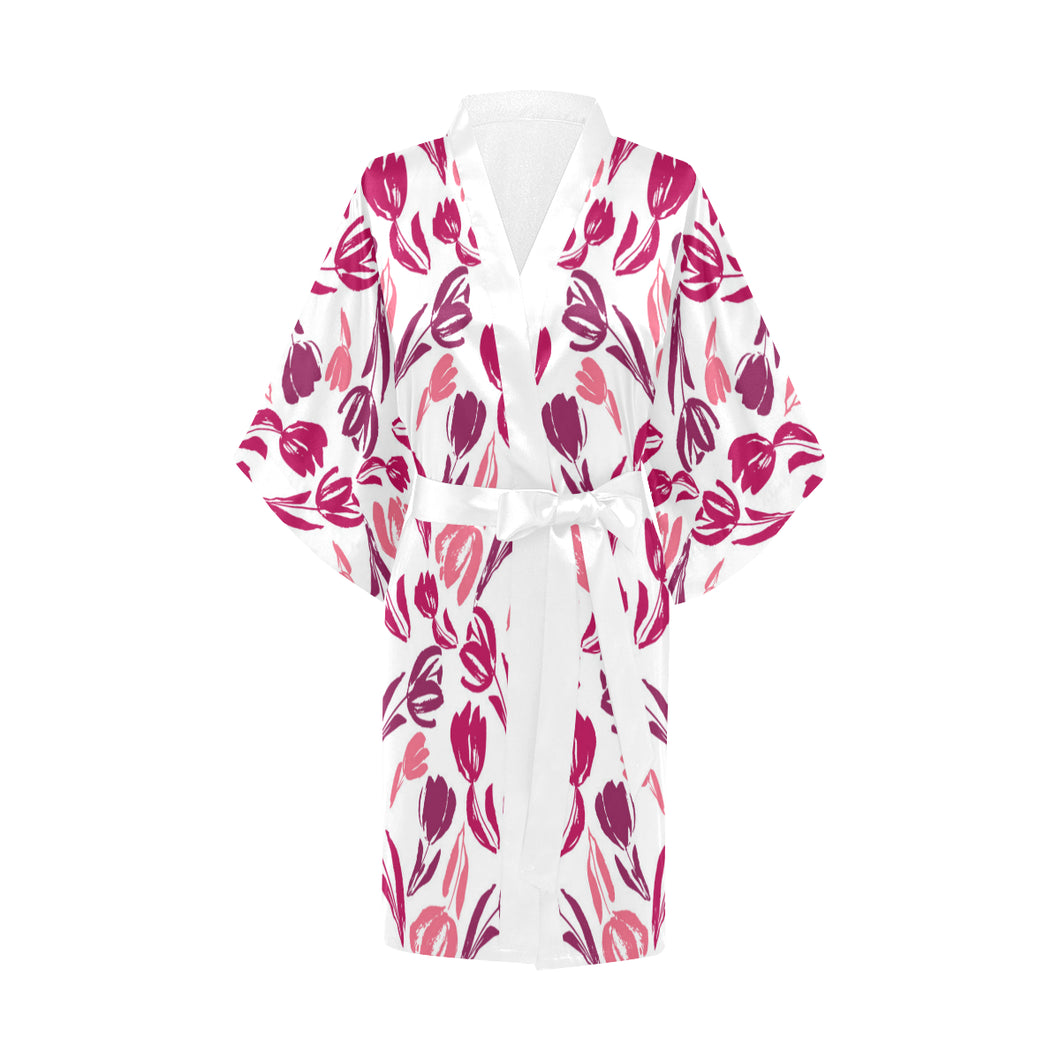 pink sketch tulip pattern Women's Short Kimono Robe
