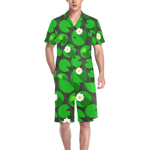Frog waterlily pattern Men's V-Neck Short Pajama Set