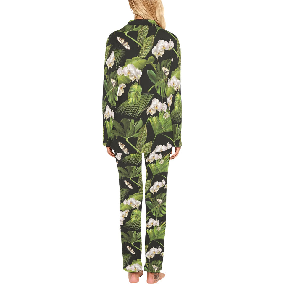 White orchid flower tropical leaves pattern blackg Women's Long Pajama Set