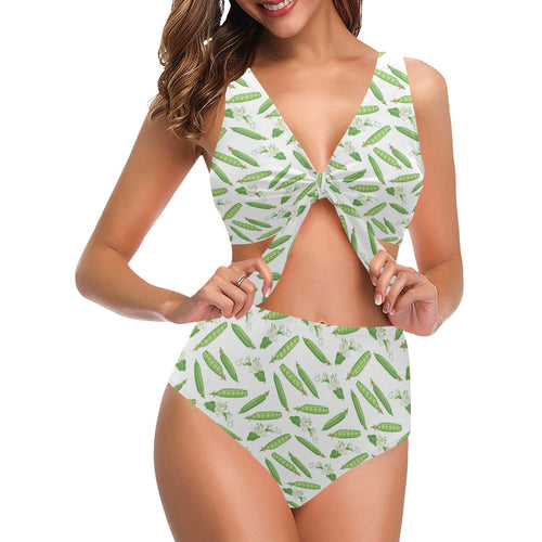 Green Peas Pattern Print Design 04 Chest Bowknot High Waisted Bikini Swimsuit