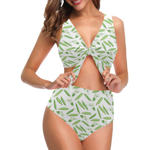 Green Peas Pattern Print Design 04 Chest Bowknot High Waisted Bikini Swimsuit