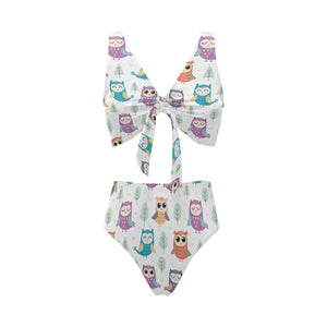 Cute owl pattern Chest Bowknot High Waisted Bikini Swimsuit