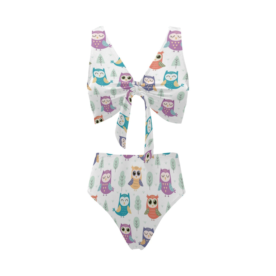 Cute owl pattern Chest Bowknot High Waisted Bikini Swimsuit