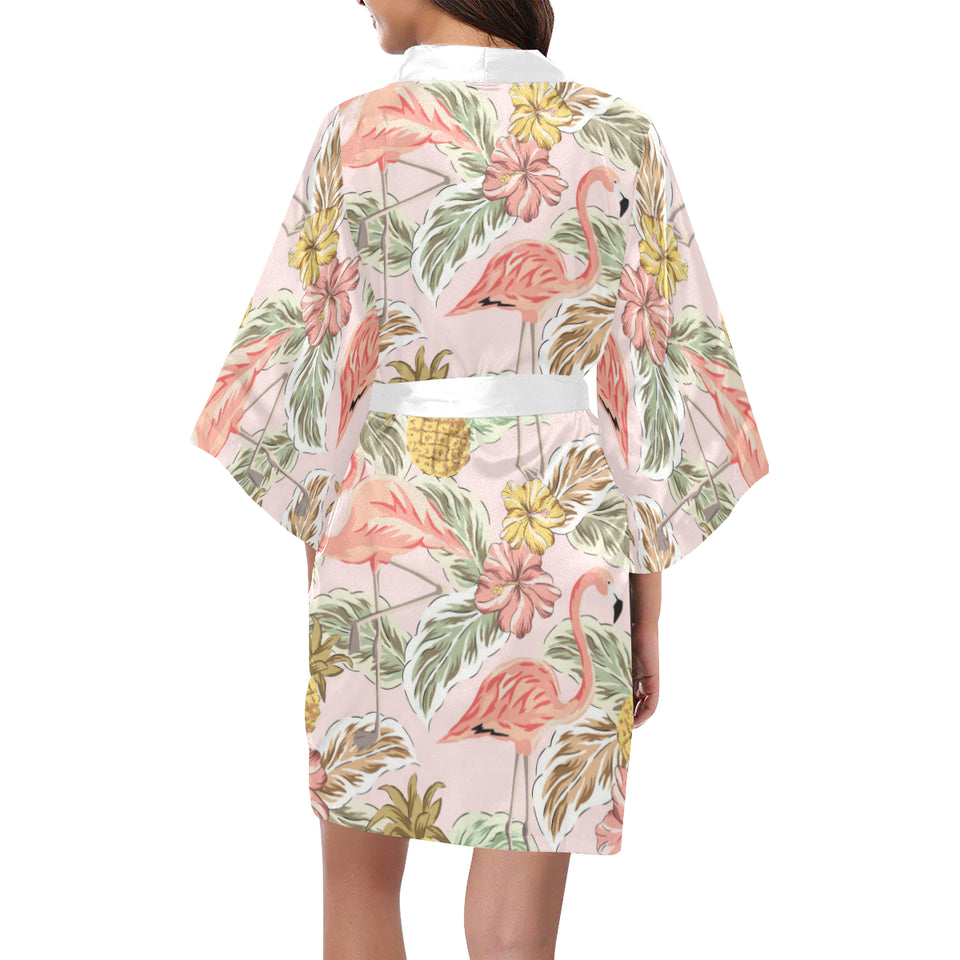 Pink flamingo birds pineapples hibiscus flower pat Women's Short Kimono Robe