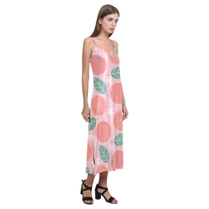 Grapefruit leaves flower pink background V-Neck Open Fork Long Dress