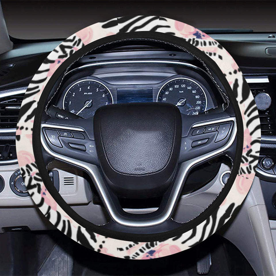 Zebra pink flower background Car Steering Wheel Cover