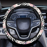 Zebra pink flower background Car Steering Wheel Cover