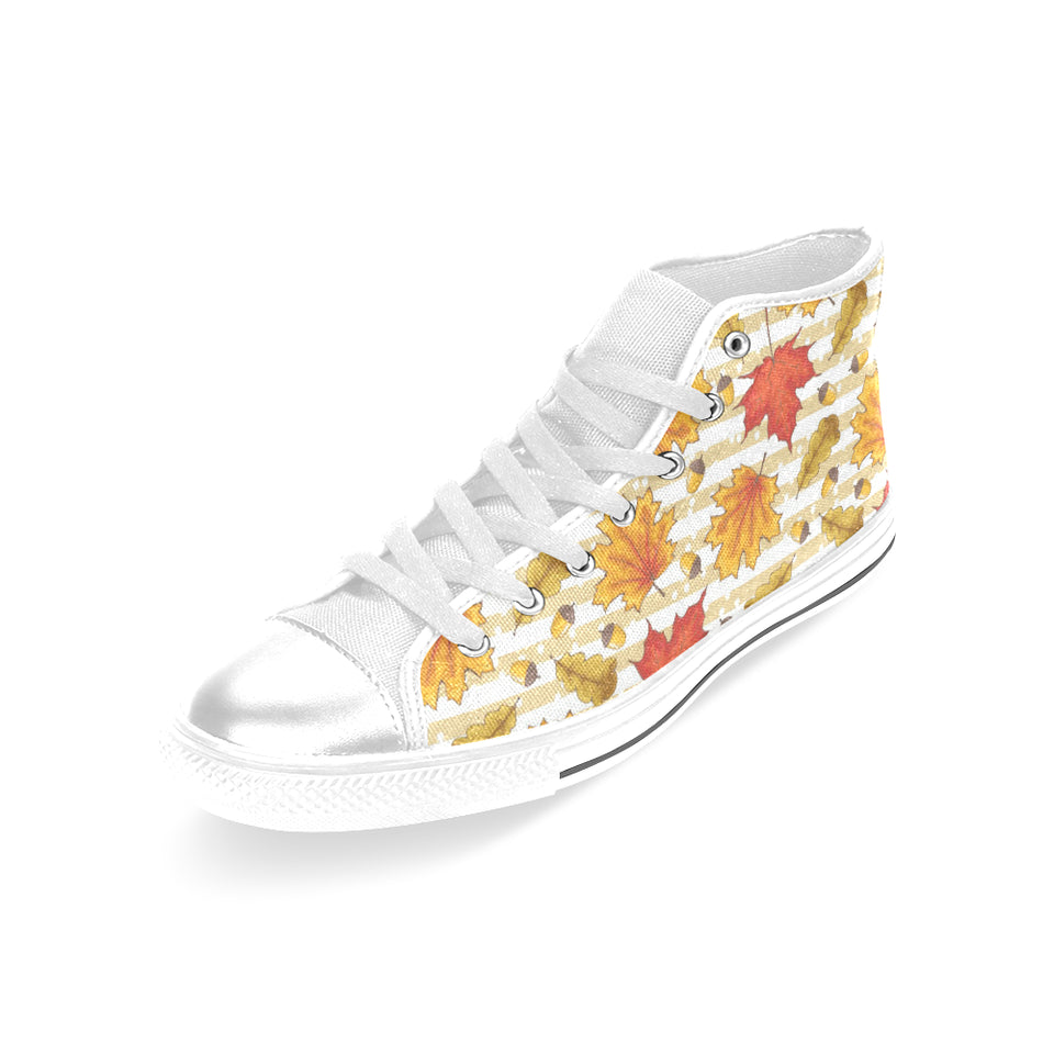 Maple leaf oak leaf acorns beige striped backgroun Women's High Top Canvas Shoes White