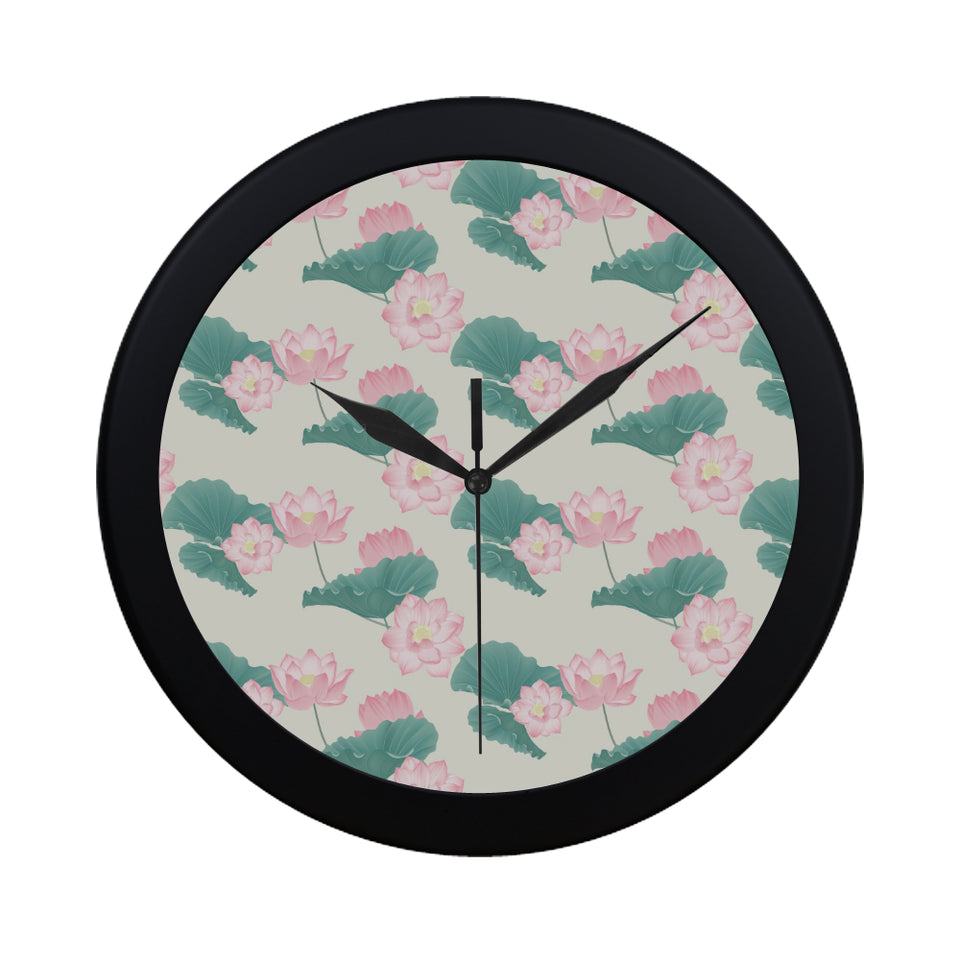 Pink lotus waterlily leaves pattern Elegant Black Wall Clock