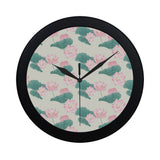 Pink lotus waterlily leaves pattern Elegant Black Wall Clock