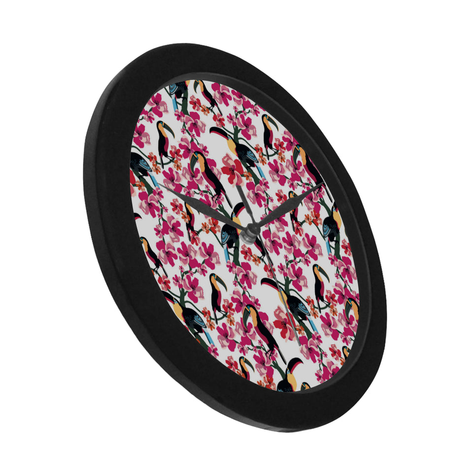 Toucan flower design pattern Elegant Black Wall Clock