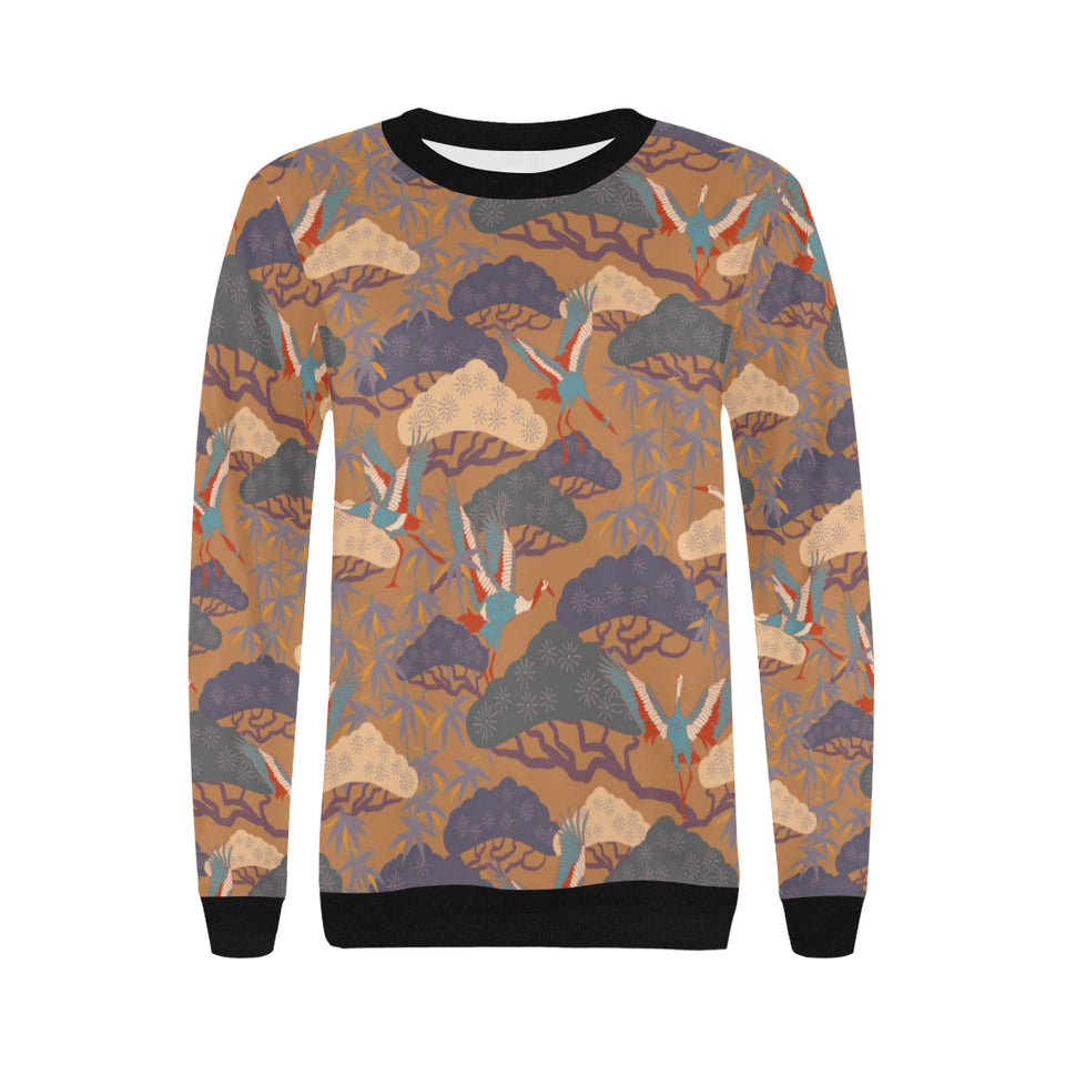 Bonsai bamboo stork japanese pattern brown theme Women's Crew Neck Sweatshirt