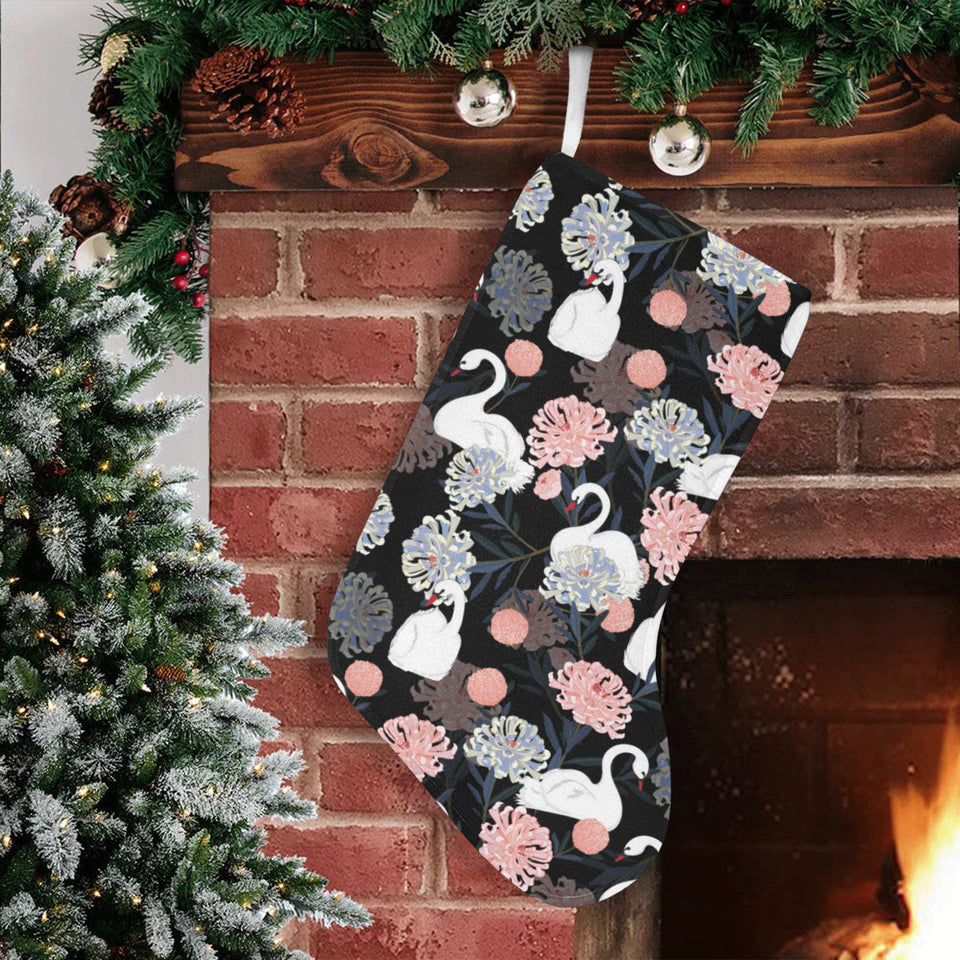white swan blooming flower pattern Christmas Stocking