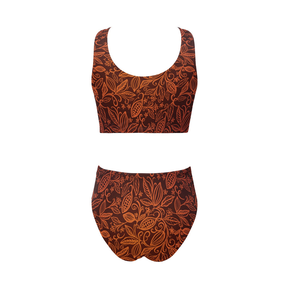 cacao beans tribal polynesian pattern Chest Bowknot High Waisted Bikini Swimsuit