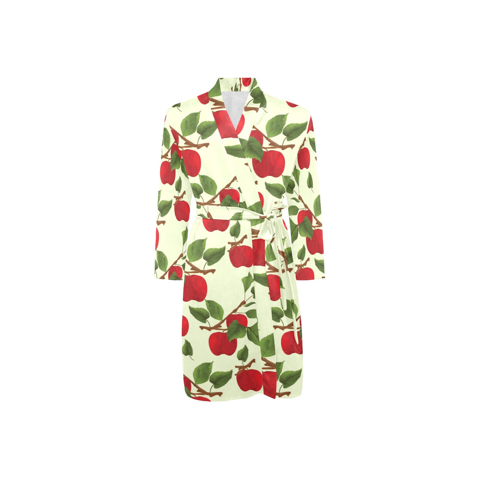 Red apples leaves pattern Men's Long Sleeve Belted Night Robe