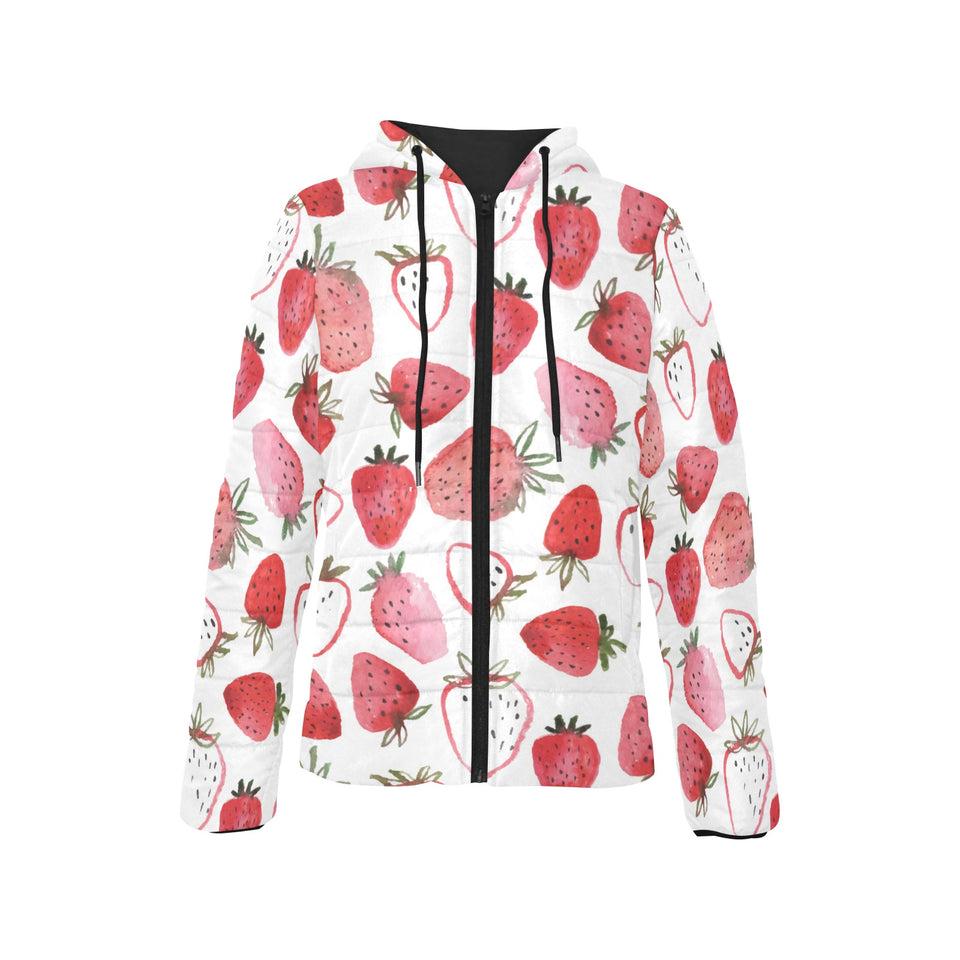 watercolor hand drawn beautiful strawberry pattern Women's Padded Hooded Jacket
