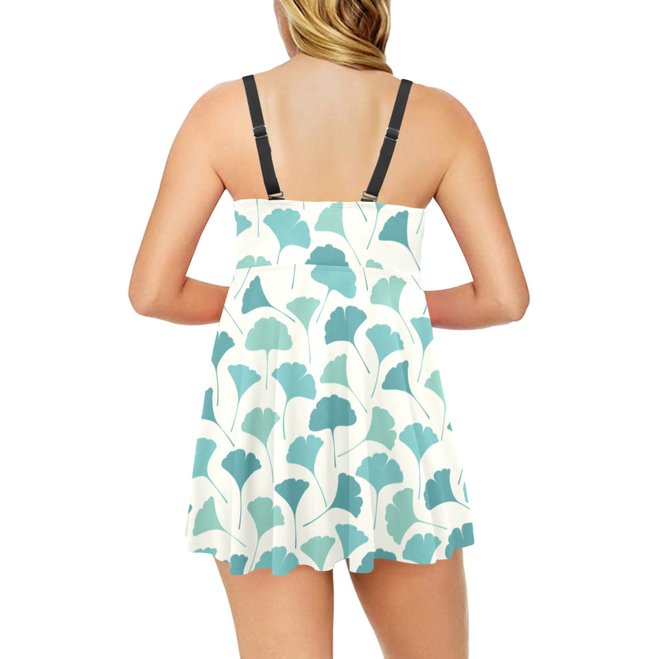 Green ginkgo leaves pattern Chest Sexy Pleated Two Piece Swim Dress