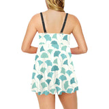 Green ginkgo leaves pattern Chest Sexy Pleated Two Piece Swim Dress