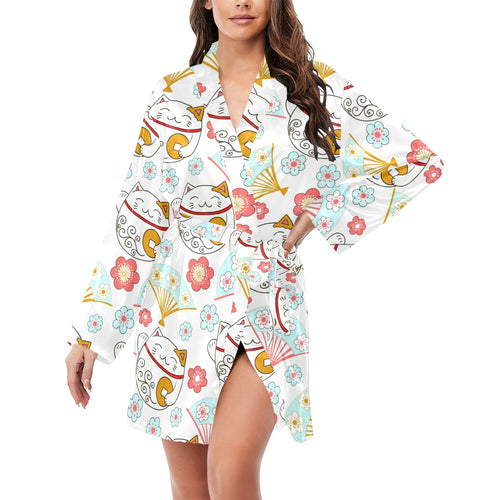 Maneki neko cat fan sakura Women's Long Sleeve Belted Night Robe