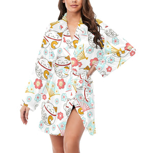 Maneki neko cat fan sakura Women's Long Sleeve Belted Night Robe