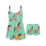 Colorful horses pattern Chest Sexy Pleated Two Piece Swim Dress