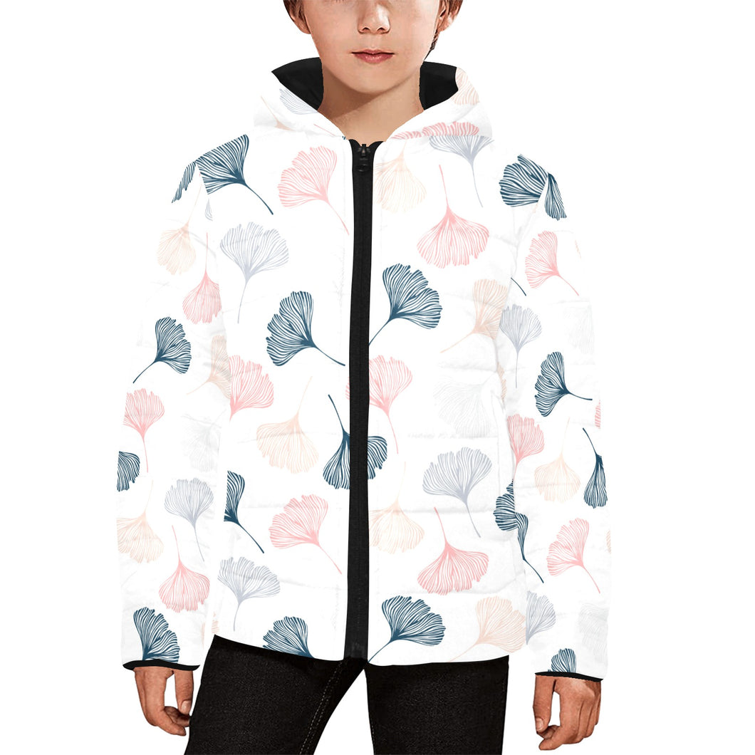 Black Gray Cream coral ginkgo leaves pattern Kids' Boys' Girls' Padded Hooded Jacket
