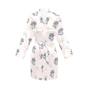 cute raccoons leaves pattern Women's Long Sleeve Belted Night Robe