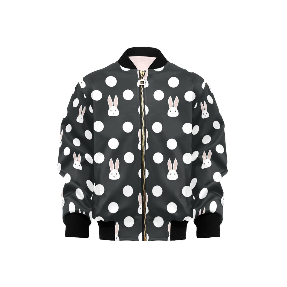 Cute white rabbit polka dots black background Kids' Boys' Girls' Bomber Jacket