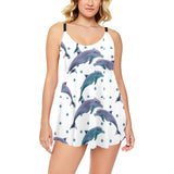 Dolphins pattern dotted background Chest Sexy Pleated Two Piece Swim Dress