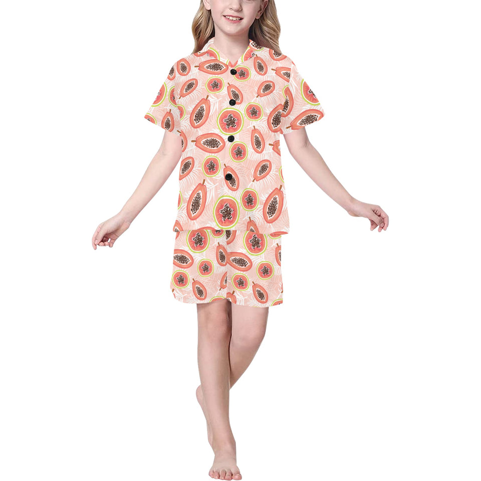 papaya leaves pattern Kids' Boys' Girls' V-Neck Short Pajama Set