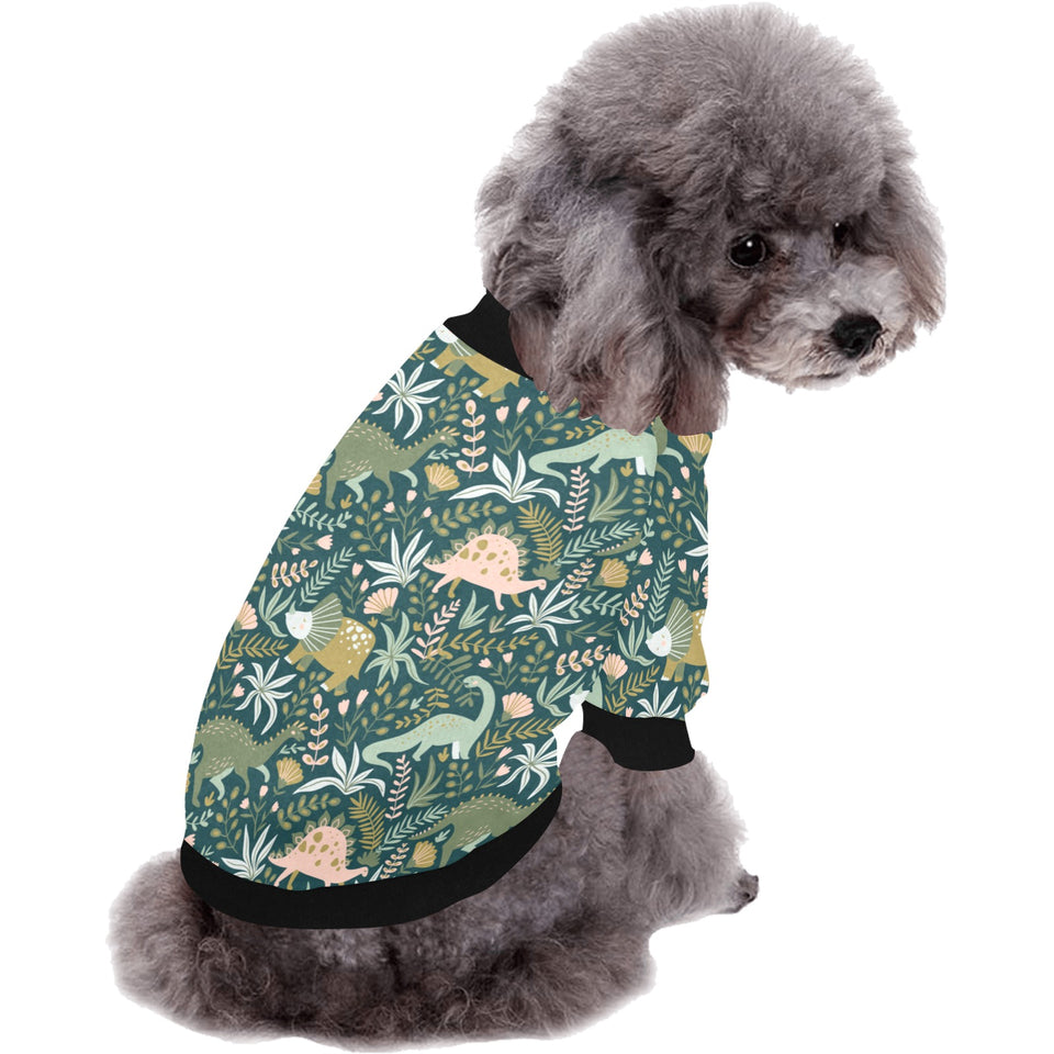 dinosaurs tropical leaves flower pattern All Over Print Pet Dog Round Neck Fuzzy Shirt