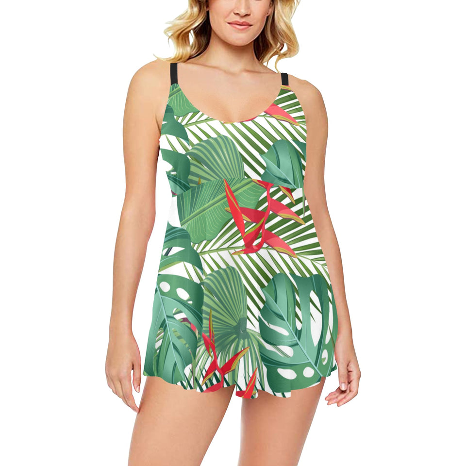 heliconia palm and monstera leaves pattern Chest Sexy Pleated Two Piece Swim Dress