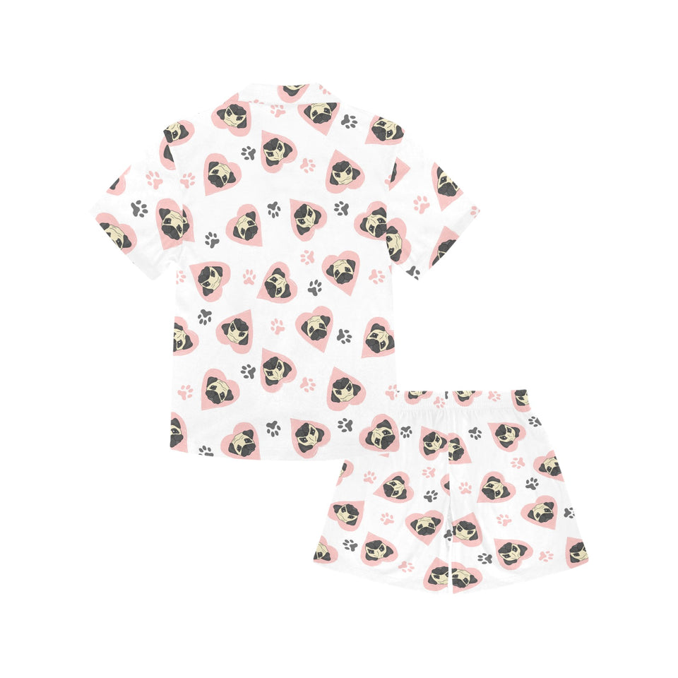 Cute pugs pink heart paw pattern Kids' Boys' Girls' V-Neck Short Pajama Set