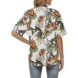 Monkey red hibiscus flower palm leaves floral patt Women's All Over Print Hawaiian Shirt