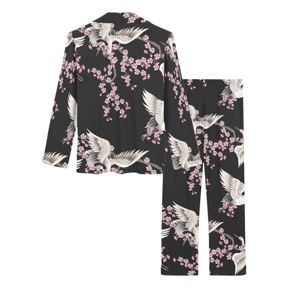 Japanese crane pink sakura pattern Women's Long Pajama Set
