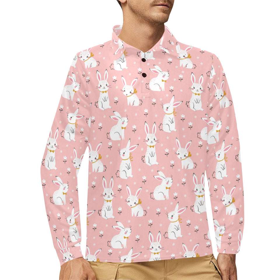 Cute white rabbit flower pink background Men's Long Sleeve Polo Shirt