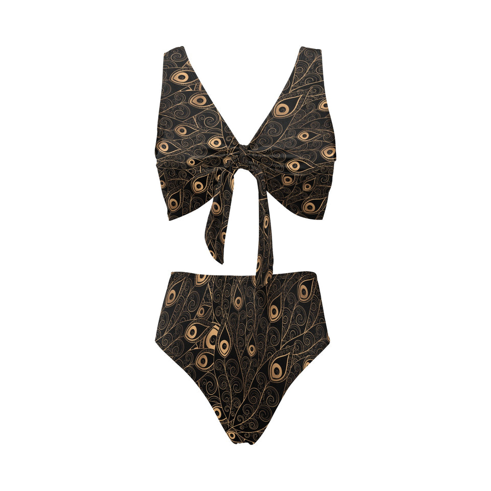 Gold peacock feather pattern Chest Bowknot High Waisted Bikini Swimsuit