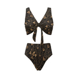 Gold peacock feather pattern Chest Bowknot High Waisted Bikini Swimsuit