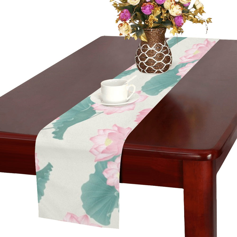 Pink lotus waterlily leaves pattern Table Runner