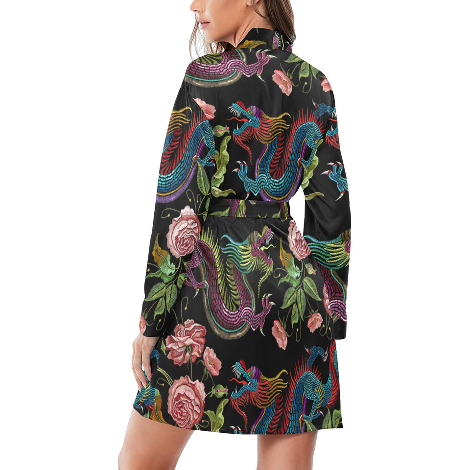 Dragons flower pattern Women's Long Sleeve Belted Night Robe