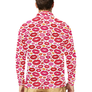 Lips Pattern Print Design 01 Men's Long Sleeve Polo Shirt